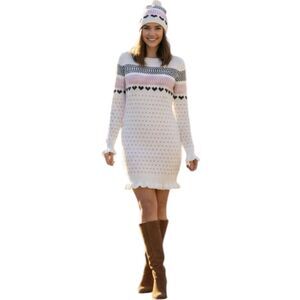 Heart & Heels 2Pc Sweater Dress Women's Large White Heart Fair Isle Knit Hat Set